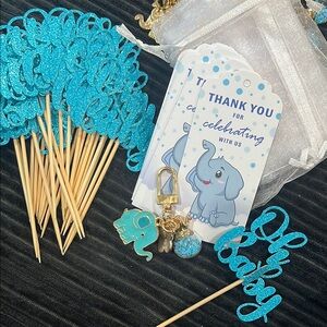 Blue elephant theme Baby Shower (backdrop, elephant favors keychains &more)